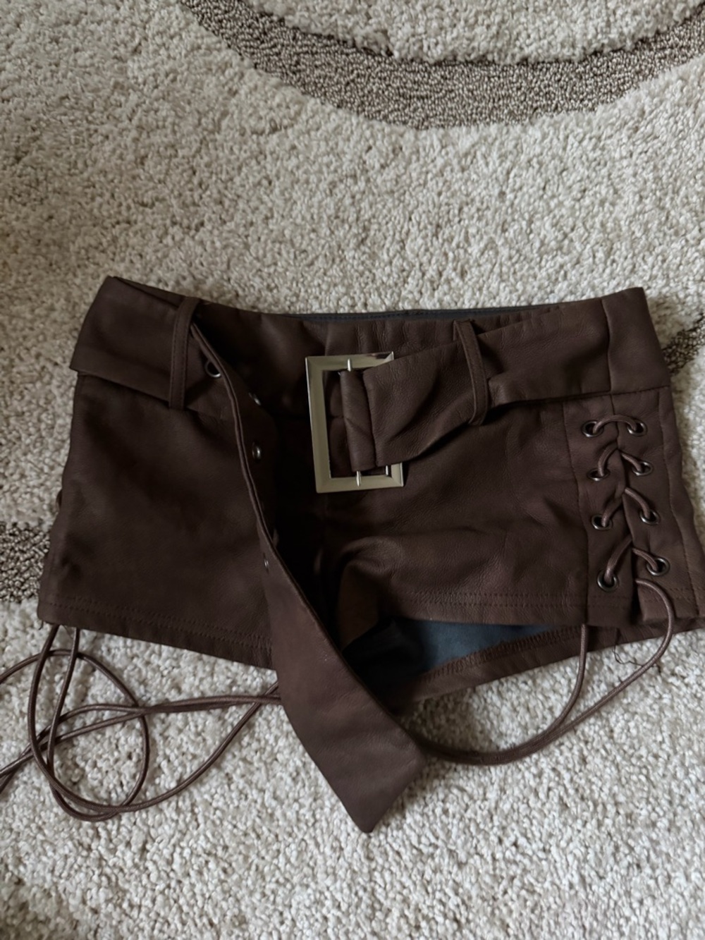 Brown Lace-Up Waist Belt mini shorts with Square Buckle
